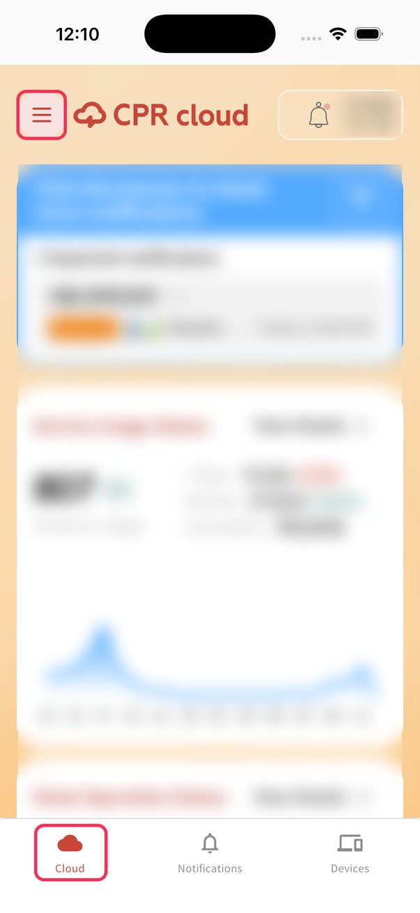 App Cloud tab with the menu button highlighted