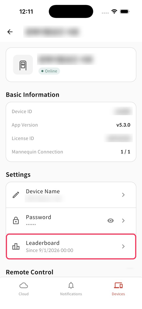Settings card on the device detail screen
