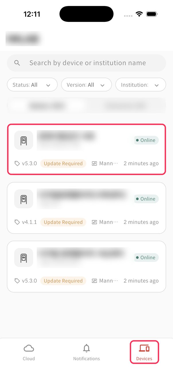 Device list on the app's Devices tab