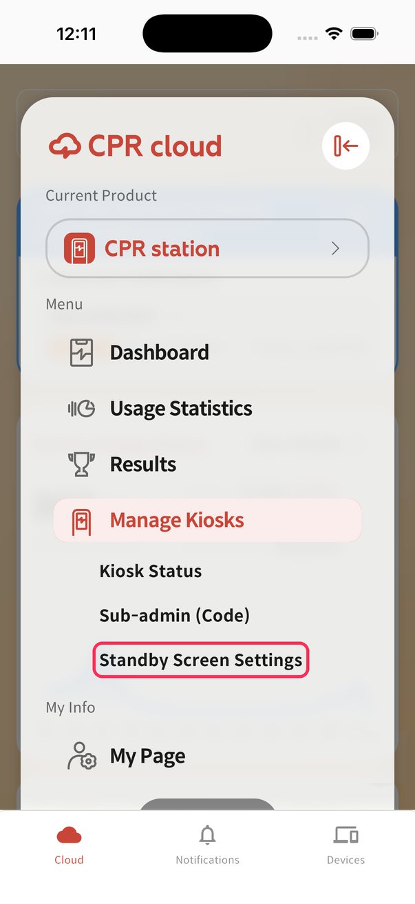 App menu with Standby Screen Settings highlighted