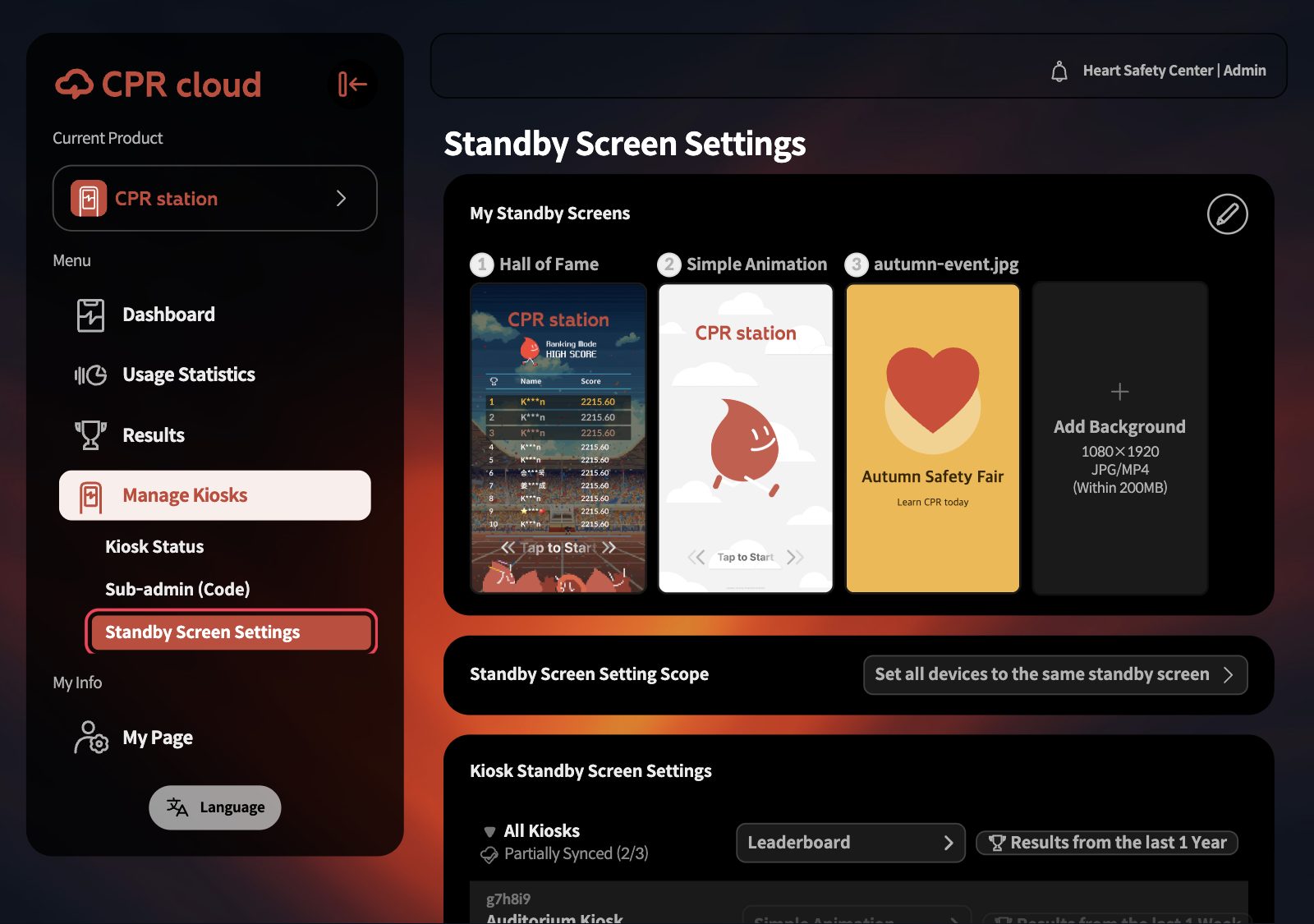 Standby Screen Settings in the left menu