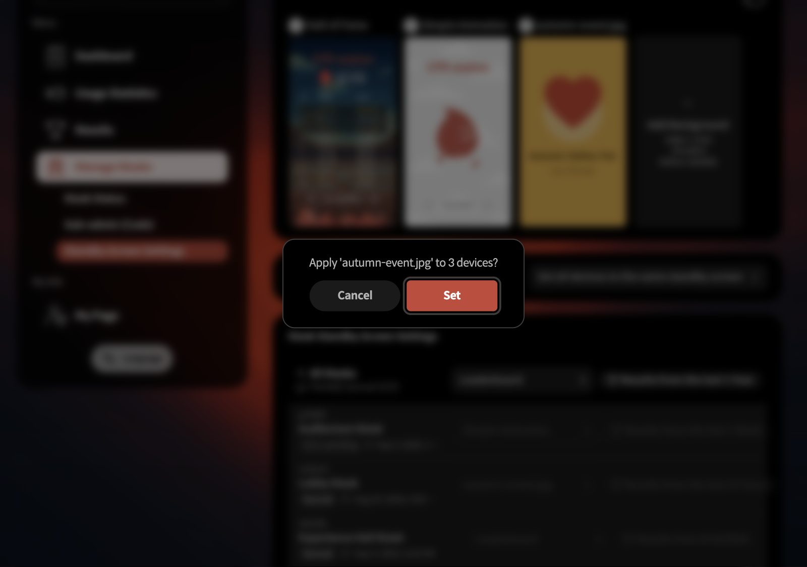 Confirmation asking to apply the screen to several devices