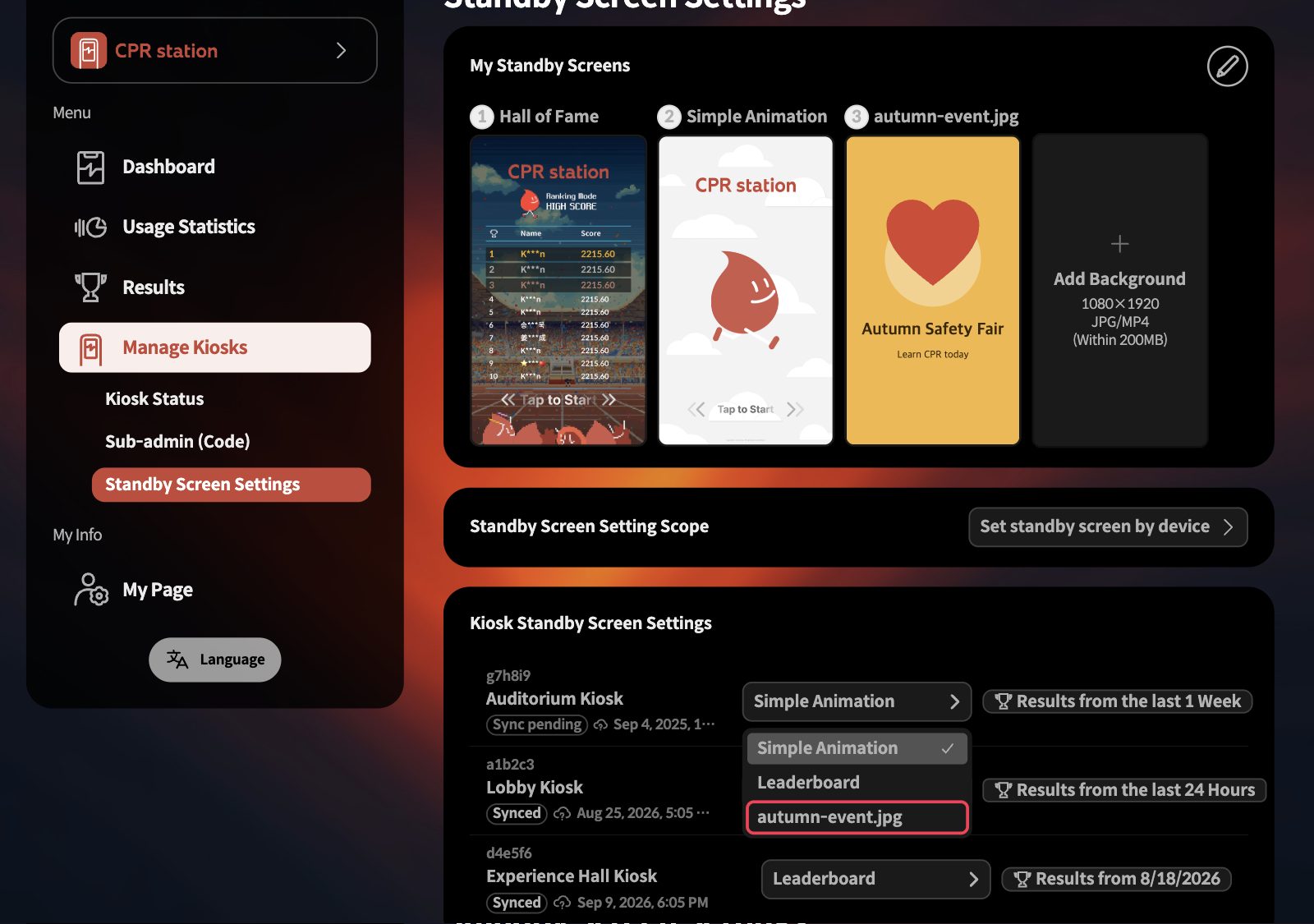 Screen list opened on one device row